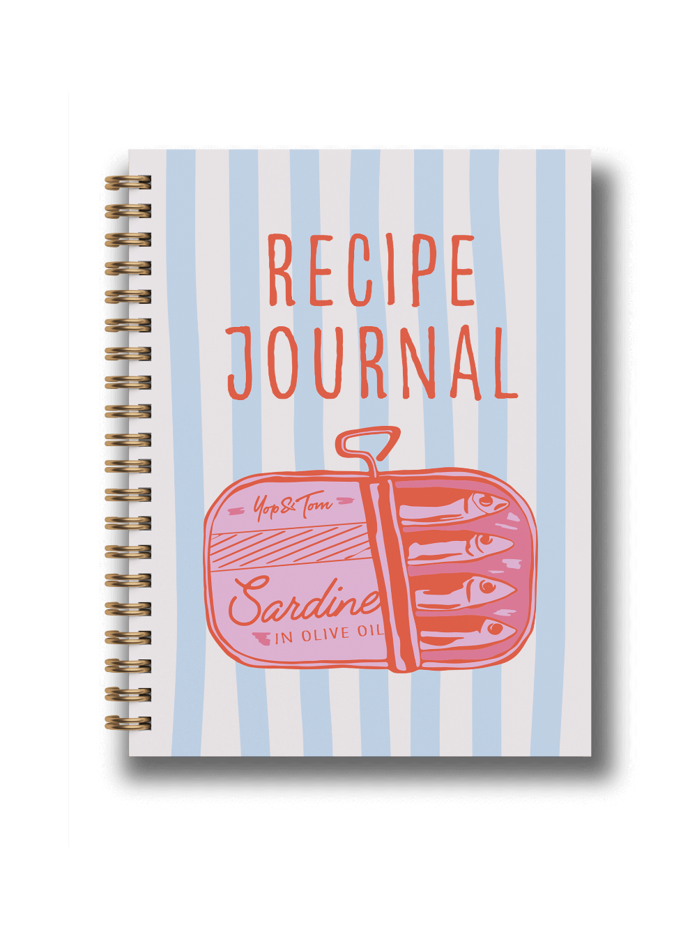 Recipe journal with sardine can design on a striped background