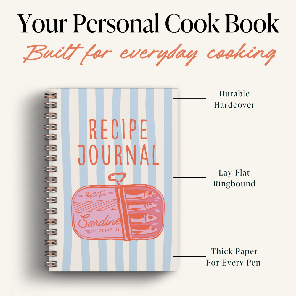 Recipe journal with striped cover and text highlighting features on a white background