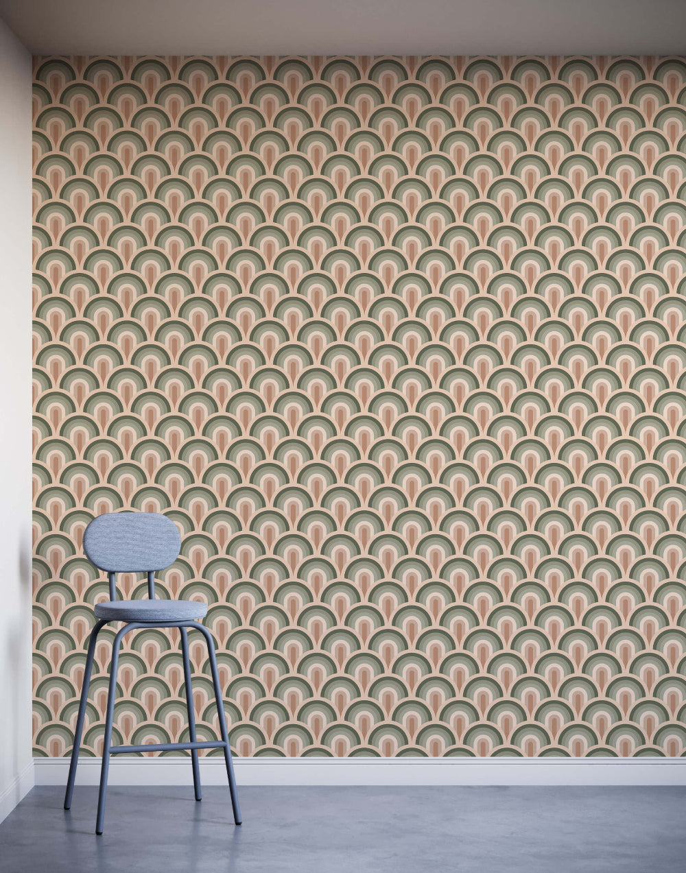 Patterned wallpaper with a blue chair against it in a room.