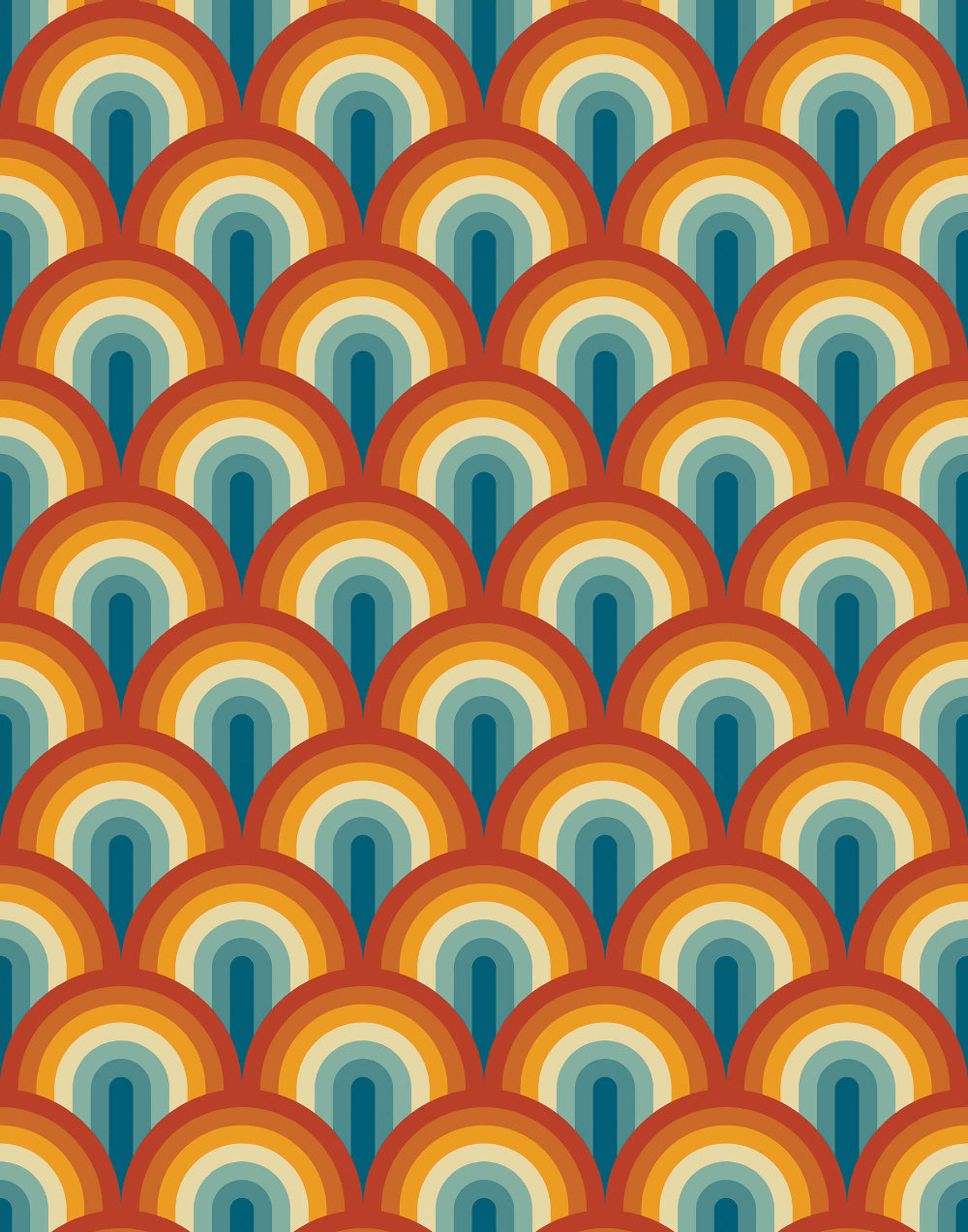 Pattern of concentric circles in orange, blue, and red on a multicolor background