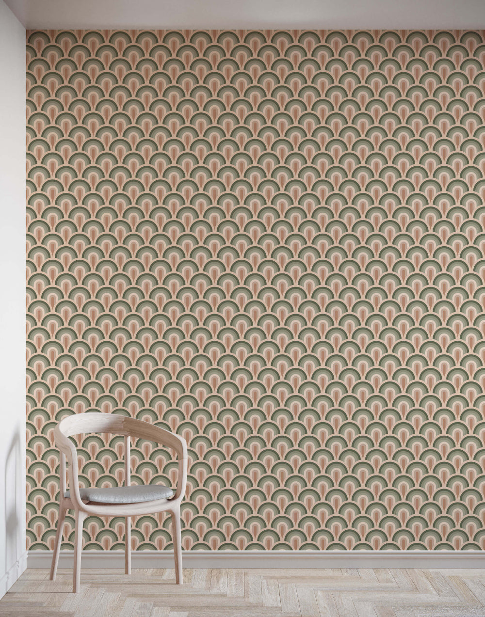Patterned wallpaper with a chair in front, showcasing a geometric design.