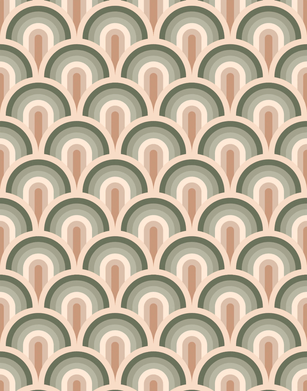 Patterned wallpaper with green and brown retro rainbow arches on a beige background