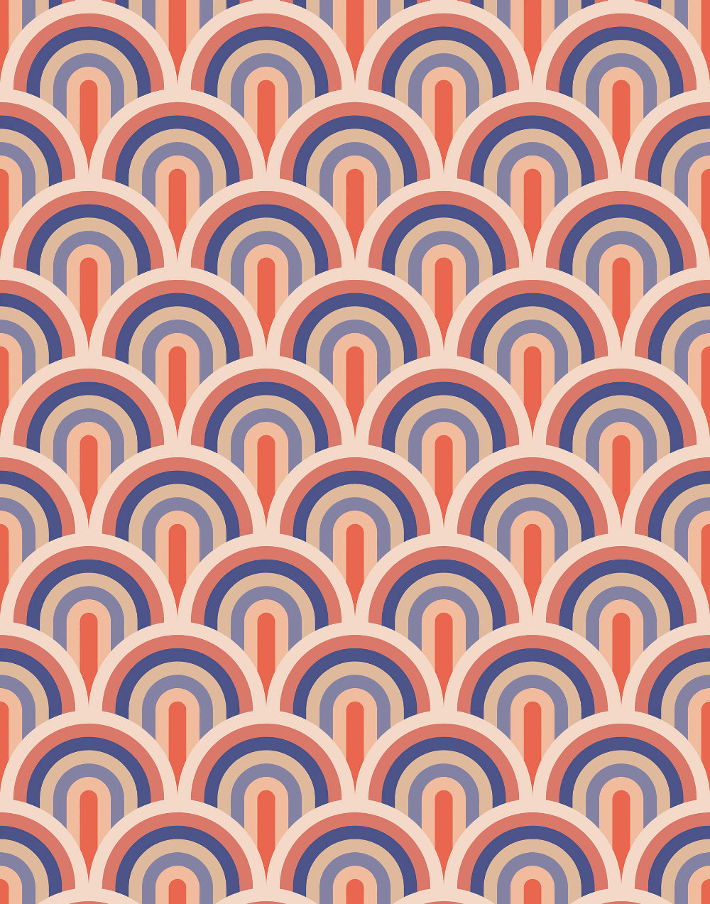 Pattern of arches in red, blue, and beige and pink wallpaper