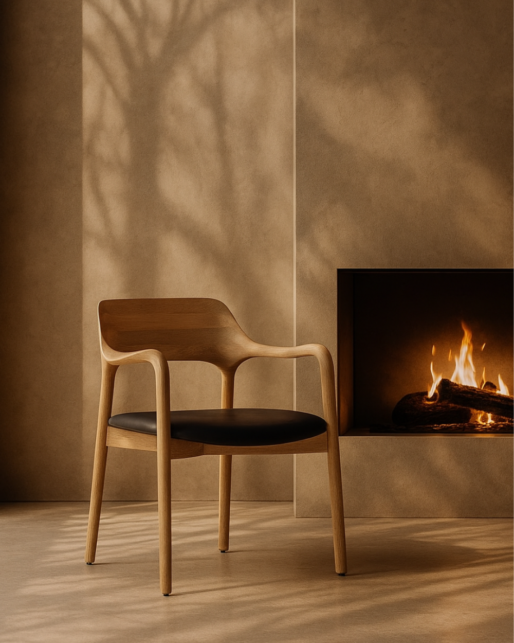 Wooden Ash dining chair with black seat in front of a fireplace with flames.