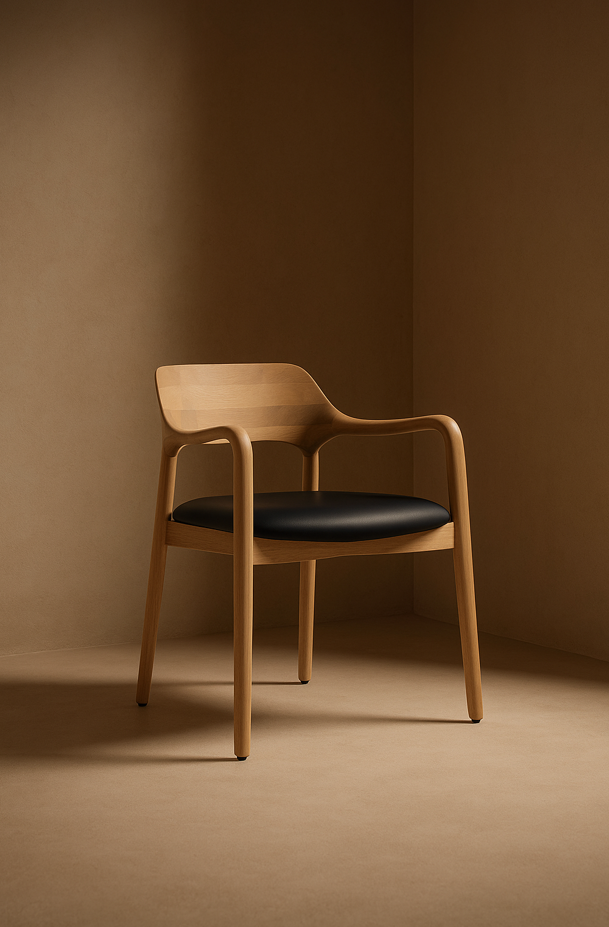 Siena Ash Wooden dining chair with a black seat against a brown wall