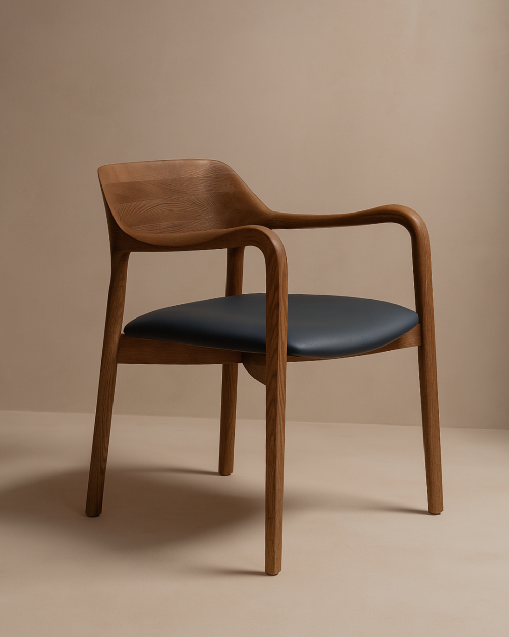 Siena walnut Wooden dining chair with a dark upholstered seat on a beige background
