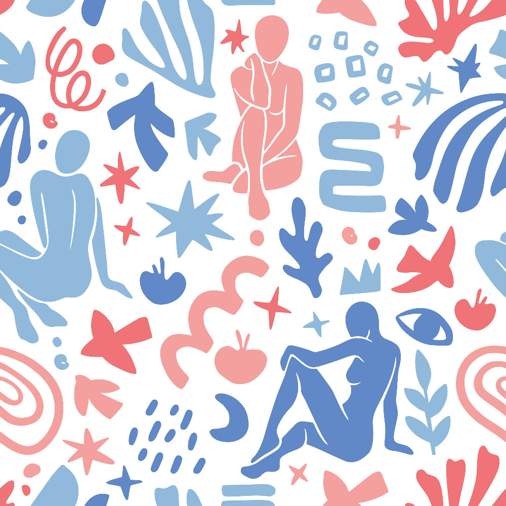 Colourful abstract pattern matisse inspired wallpaper with human figures and shapes on a white background