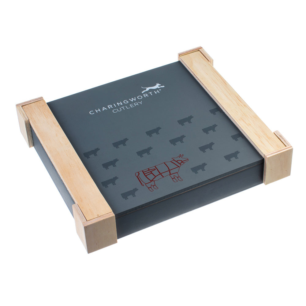 Dark grey box with wooden sides featuring Charingworth Cutlery branding on a white background