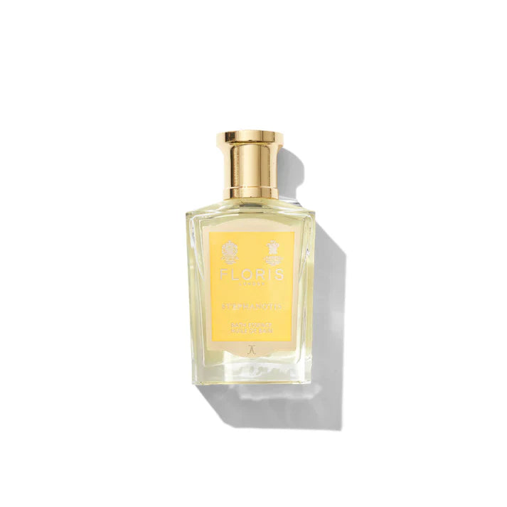 Stephanotis Bath Essence 50ml bottle by Floris London with gold cap on a white background