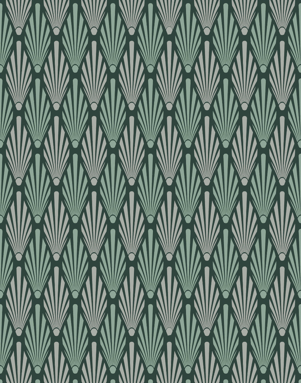 Patterned Art Deco wallpaper with geometric design in green and grey