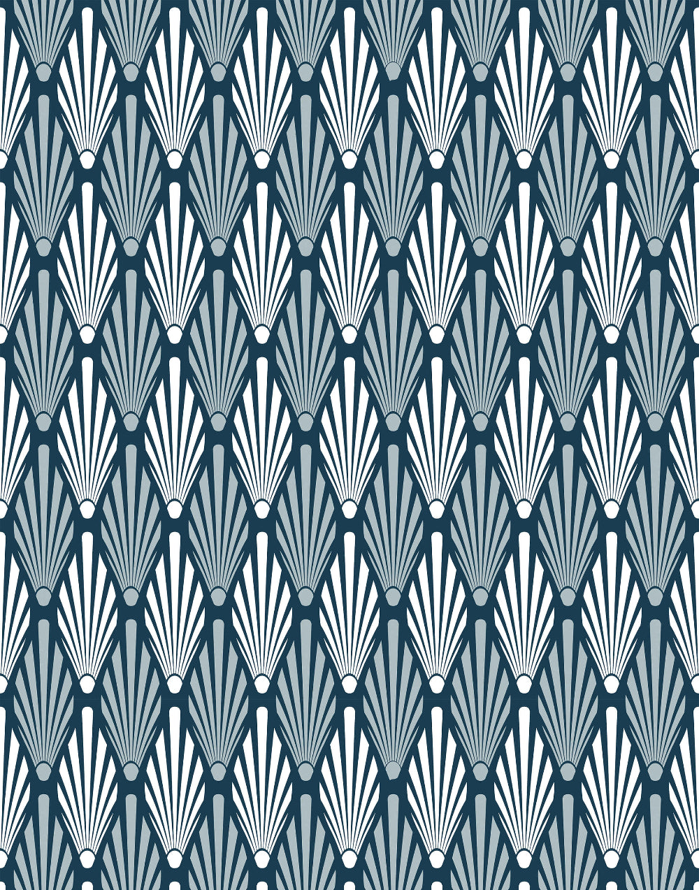 Geometric art deco patterned wallpaper with white fan shapes on a blue background
