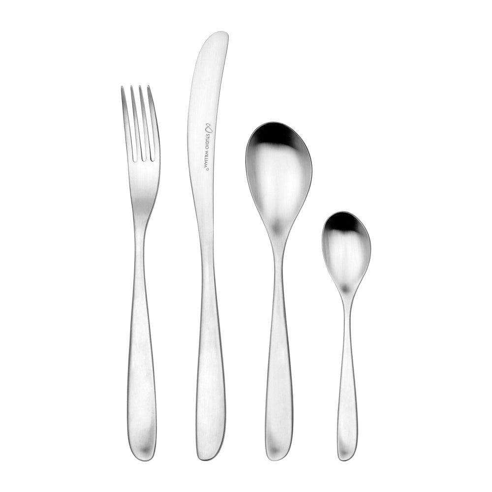 A set of silver flatware including a table knife, table fork, dessert spoon, and teaspoon with a satin finish and ergonomic handles.