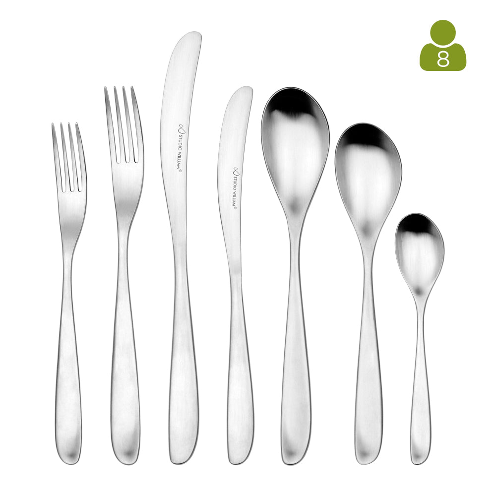 A set of silver flatware including a table knife, table fork, dessert spoon, and teaspoon with a satin finish and ergonomic handles.