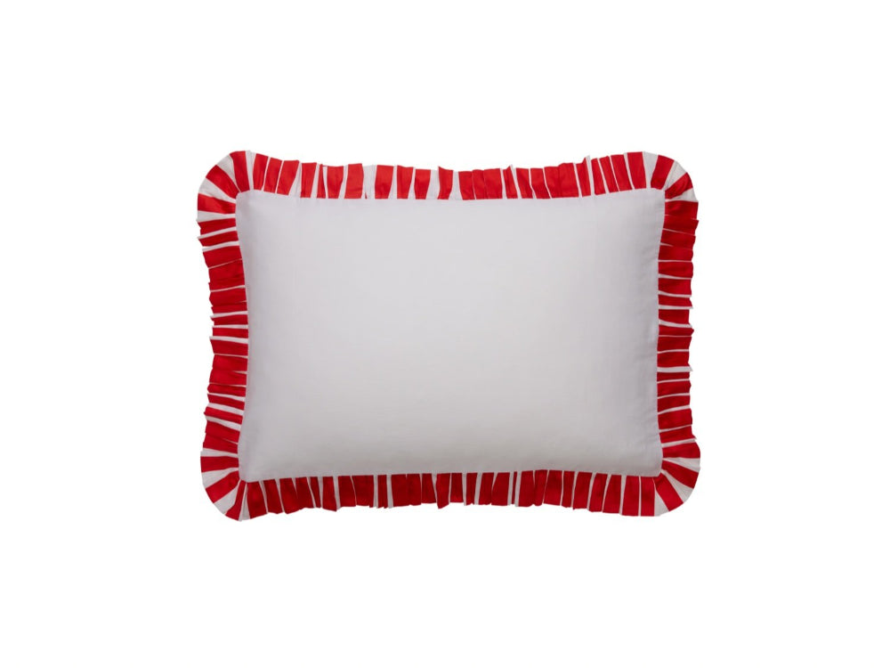 Sukun White pillowcase with red ruffled edge on a white background