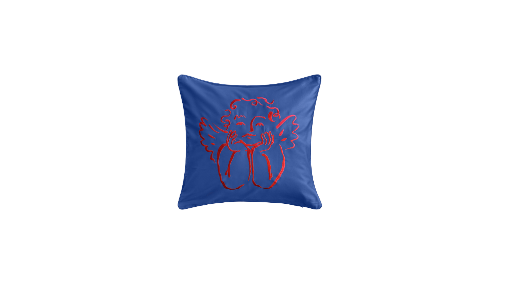 Sukun Blue pillow with red cherub design with blue piping edge on a white background