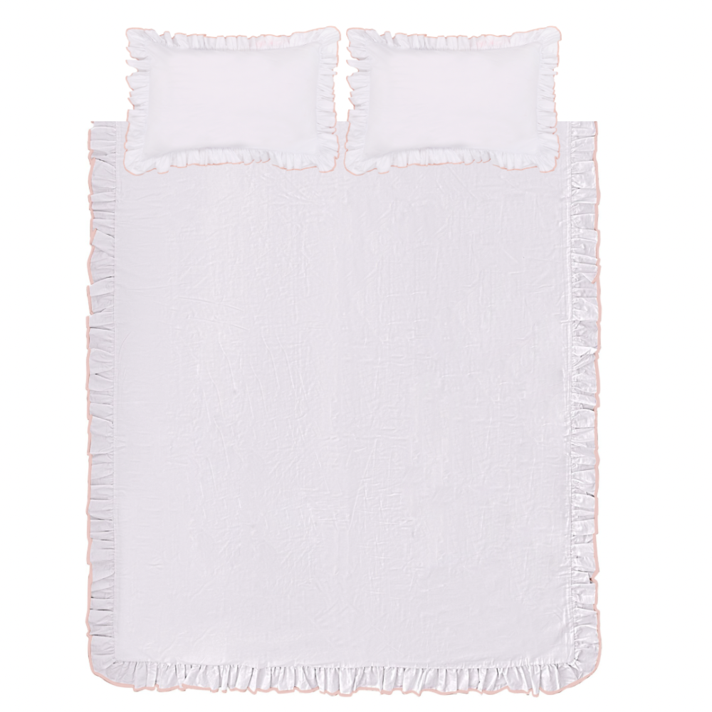 White ruffled Dusty Pink Provence bedding sheet on a white background