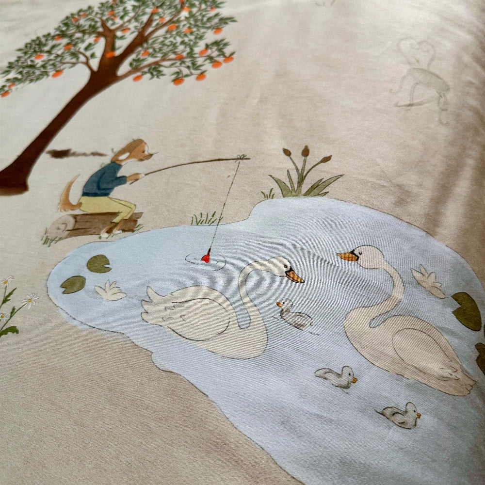 Illustration of a man fishing with swans and ducks on a pond, surrounded by trees and plants.