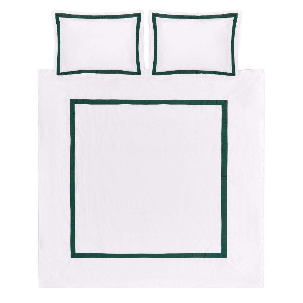 Sukun White bedding set with green trim on a white background