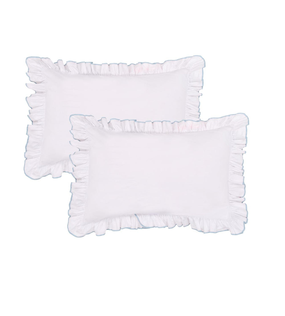 Two white pillowcases on a white background with baby blue trim