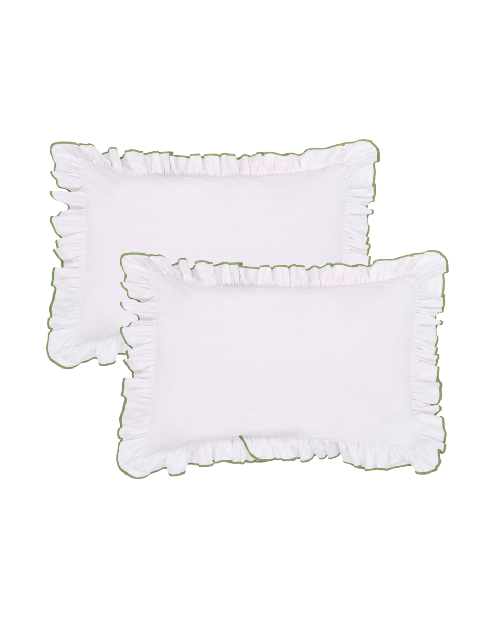 Two white decorative pillows with ruffled edges on a white background