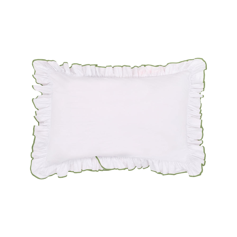 Sukun White pillow with Olive coloured ruffled edges on a white background