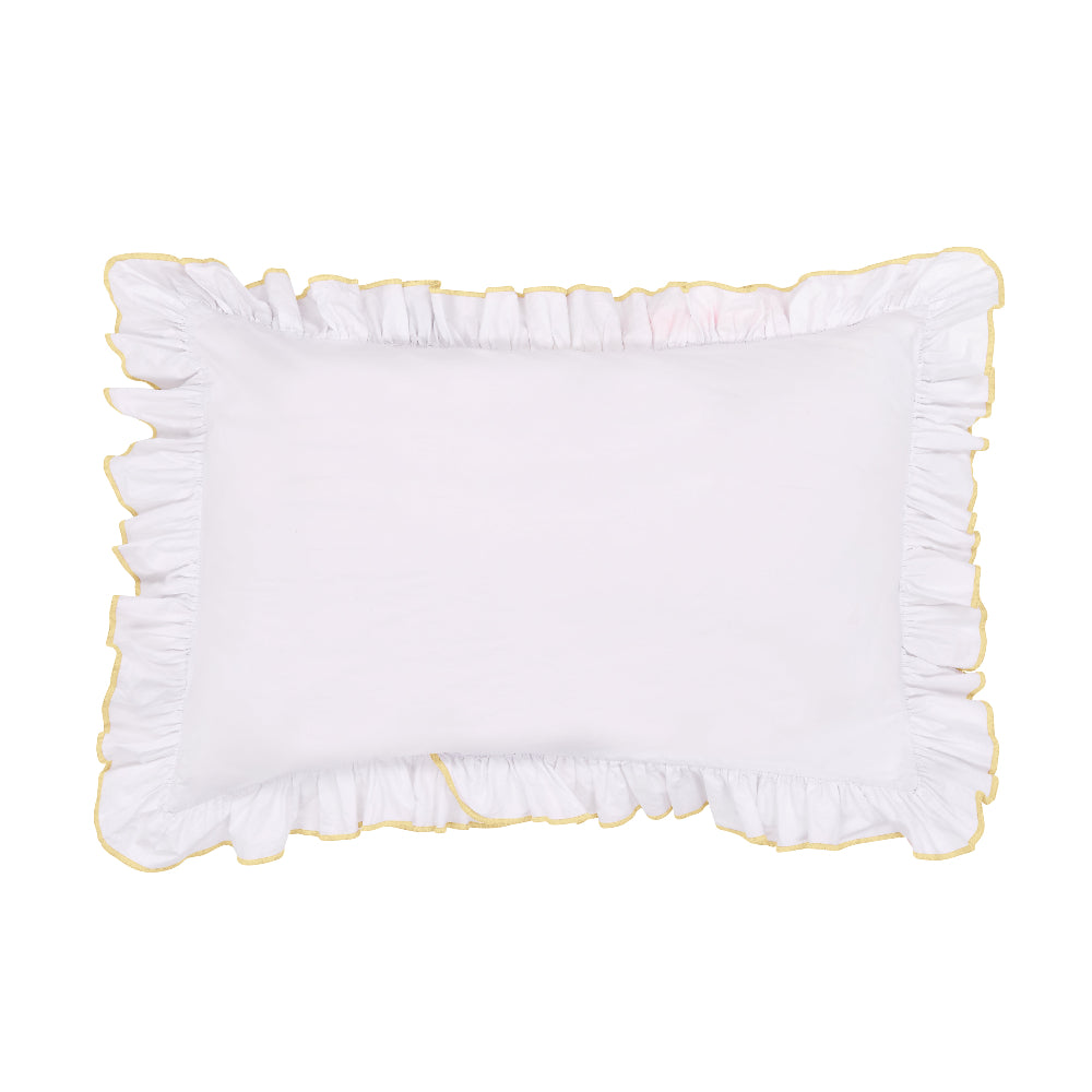 White pillow with ruffled edge and yellow trim on a white background