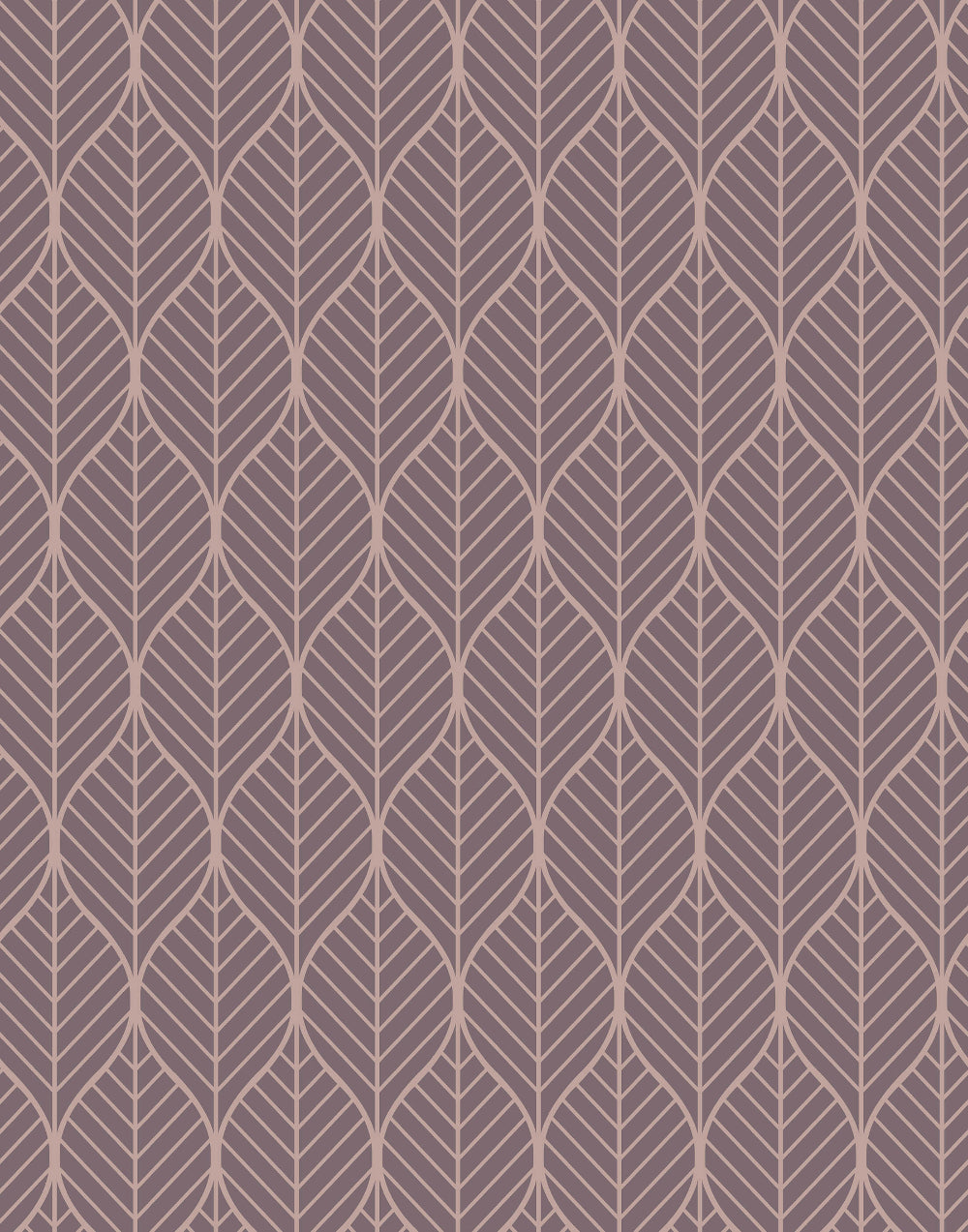 Geometric leaf patterned wallpaper with thin lines on a purple background