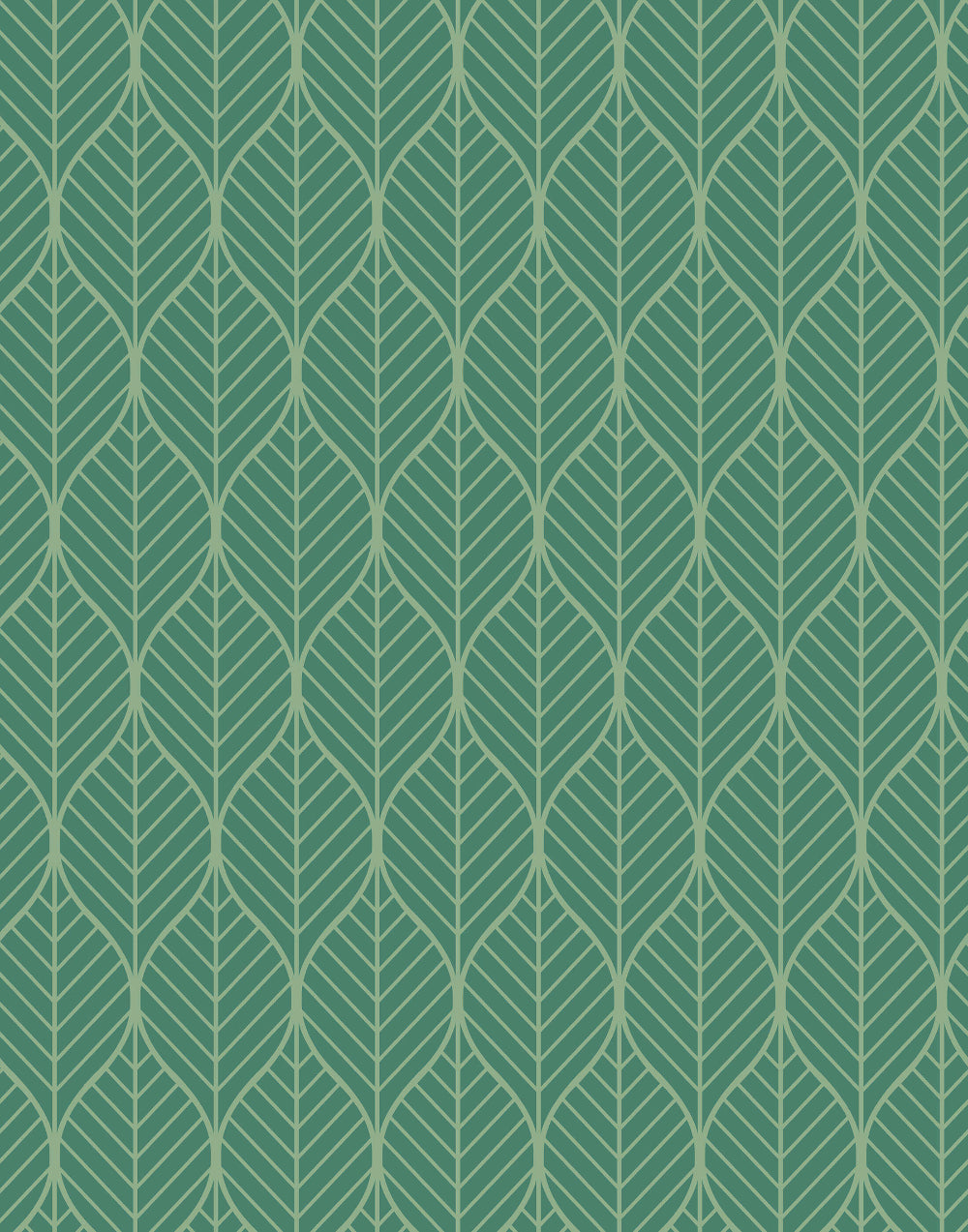 Geometric leaf pattern wallpaper with thin lines on a teal background