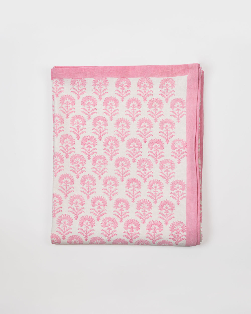 Contemporary Pink Florals Block Printed Cotton Tablecloth folded on a white background