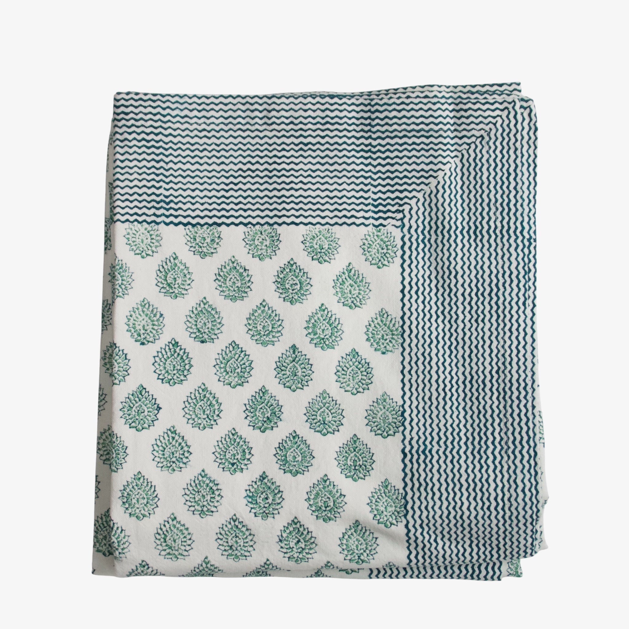 Lotus Green Cotton Block Printed Tablecloth - Extra Large