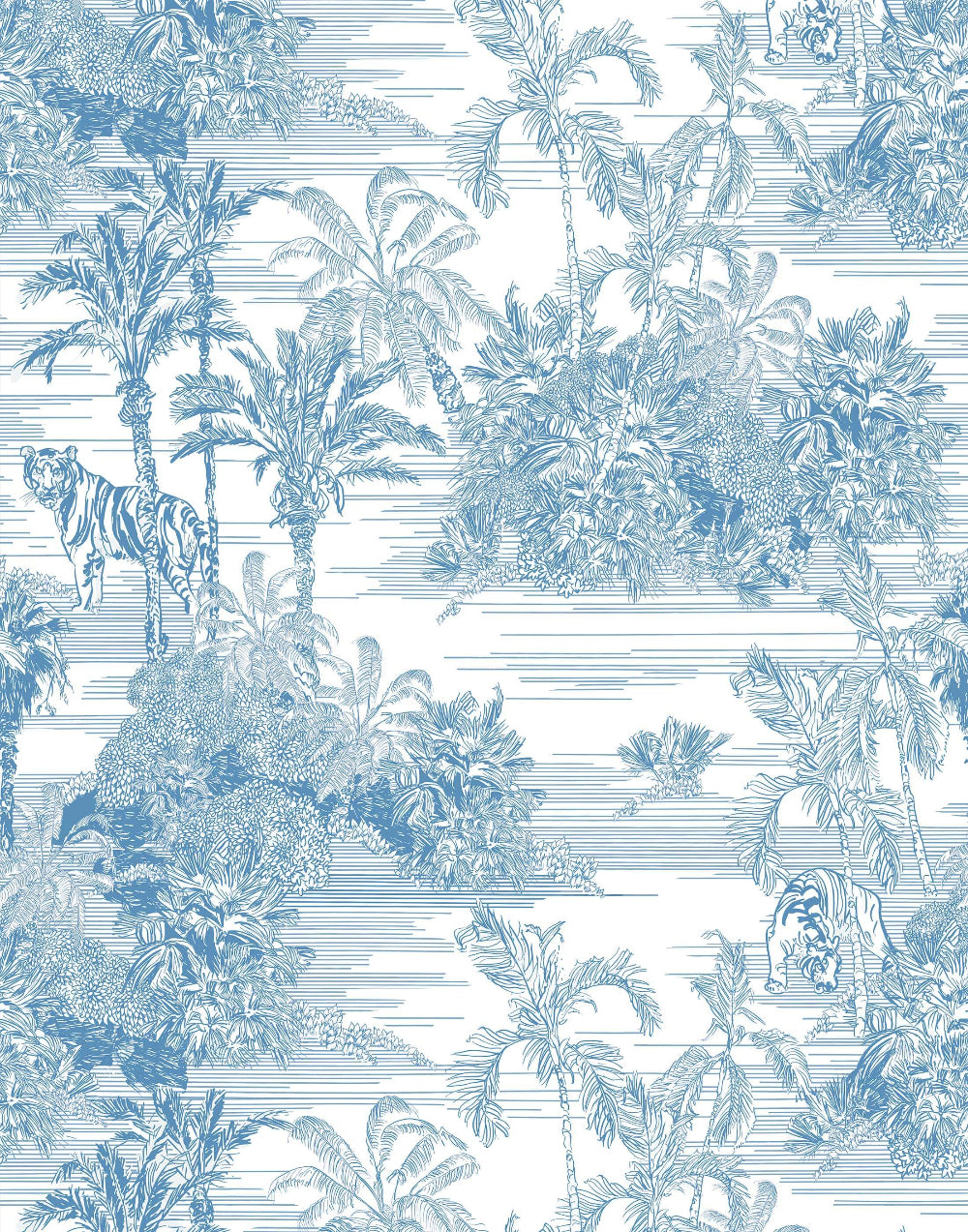 Tropical pattern with palm trees, flowers, and a tiger in blue on a white background