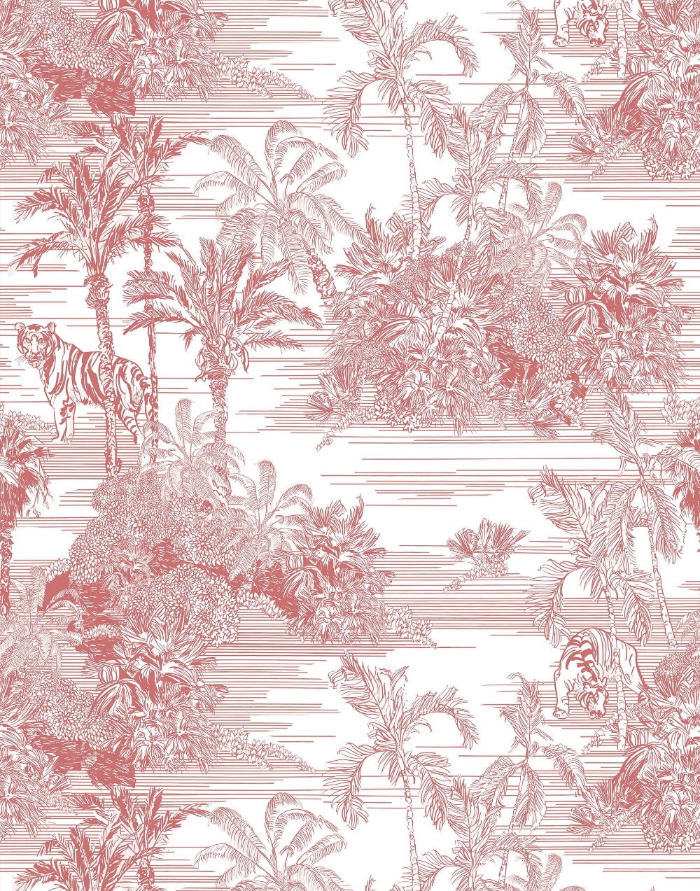 Tropical pattern with palm trees and animals on a red and white background