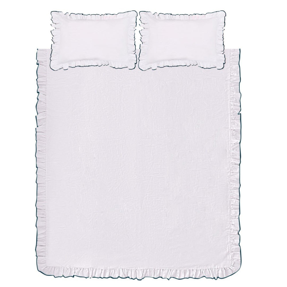 Teal Provence White ruffled bedspread and pillow on a white background