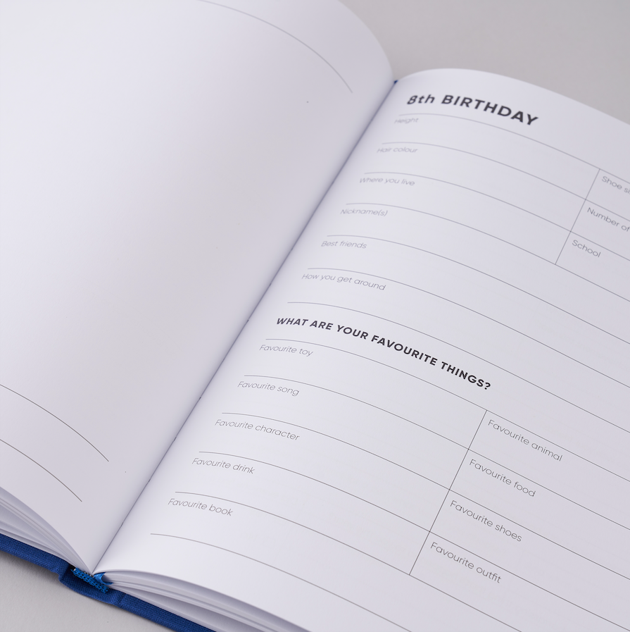 8th Birthday pages. The book of you record of childhood on a light grey background