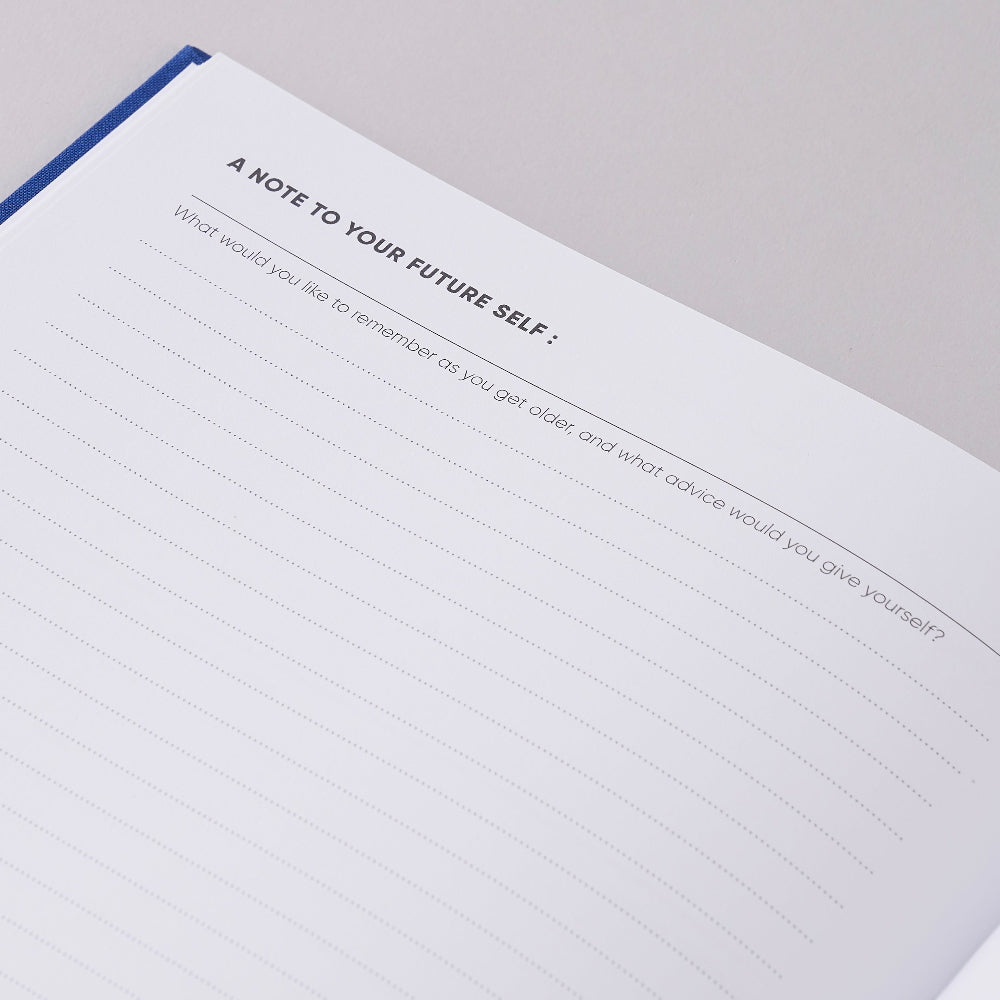 The book of you page with text 'A Note to Your Future Self' on a white background