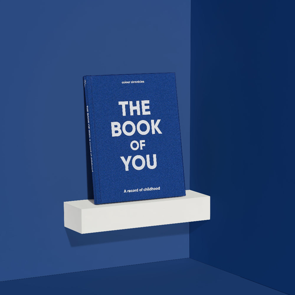 Blue book titled 'The Book of You' on a white shelf against a blue wall