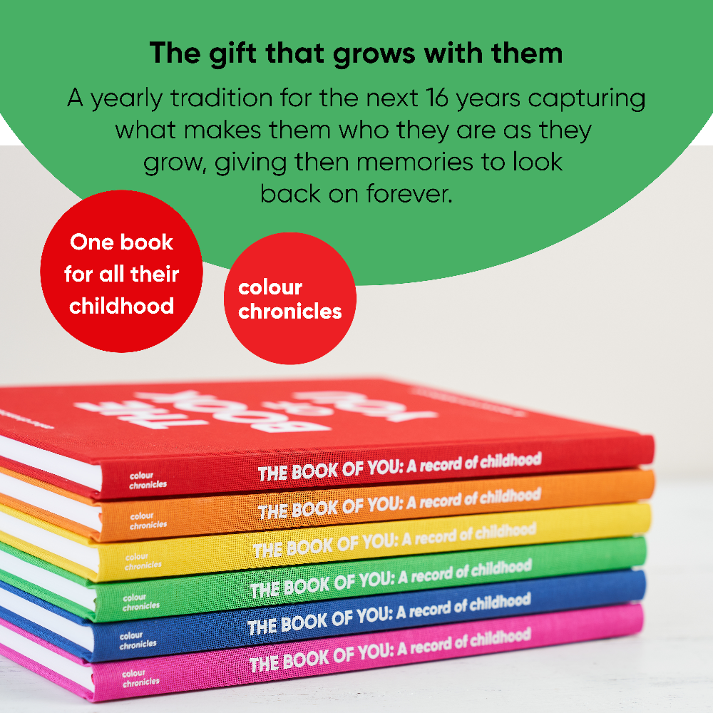 Stack of colourful books titled 'The Book of You' on a white background with promotional text.