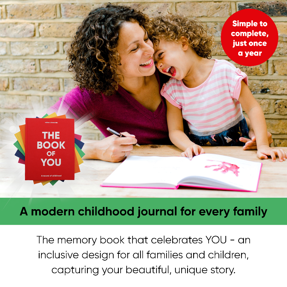 Woman and child sitting at a table with 'The Book of You' open, promotional text overlay.