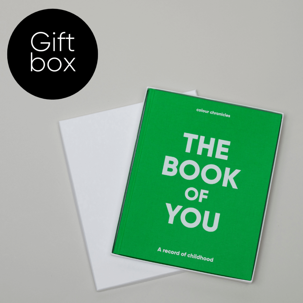 Green book titled 'The Book of You' with a white interior on a grey background, labelled as a gift box.