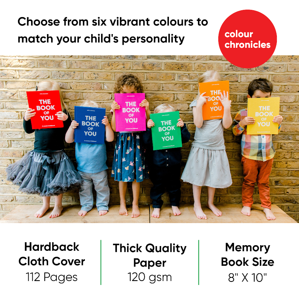 Children holding books in red, blue, pink, orange, green, and yellow with text about book features.