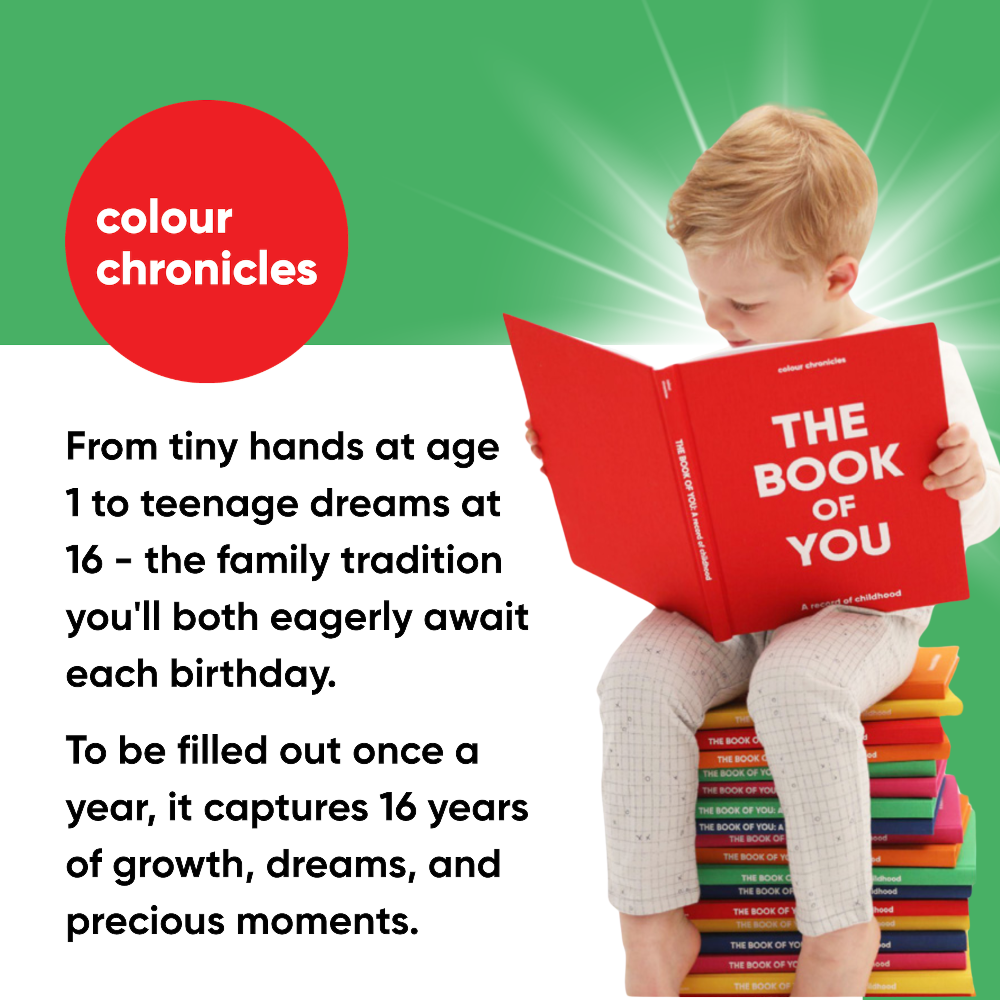 Child reading a book titled 'The Book of You' with promotional text about family tradition on a green background.