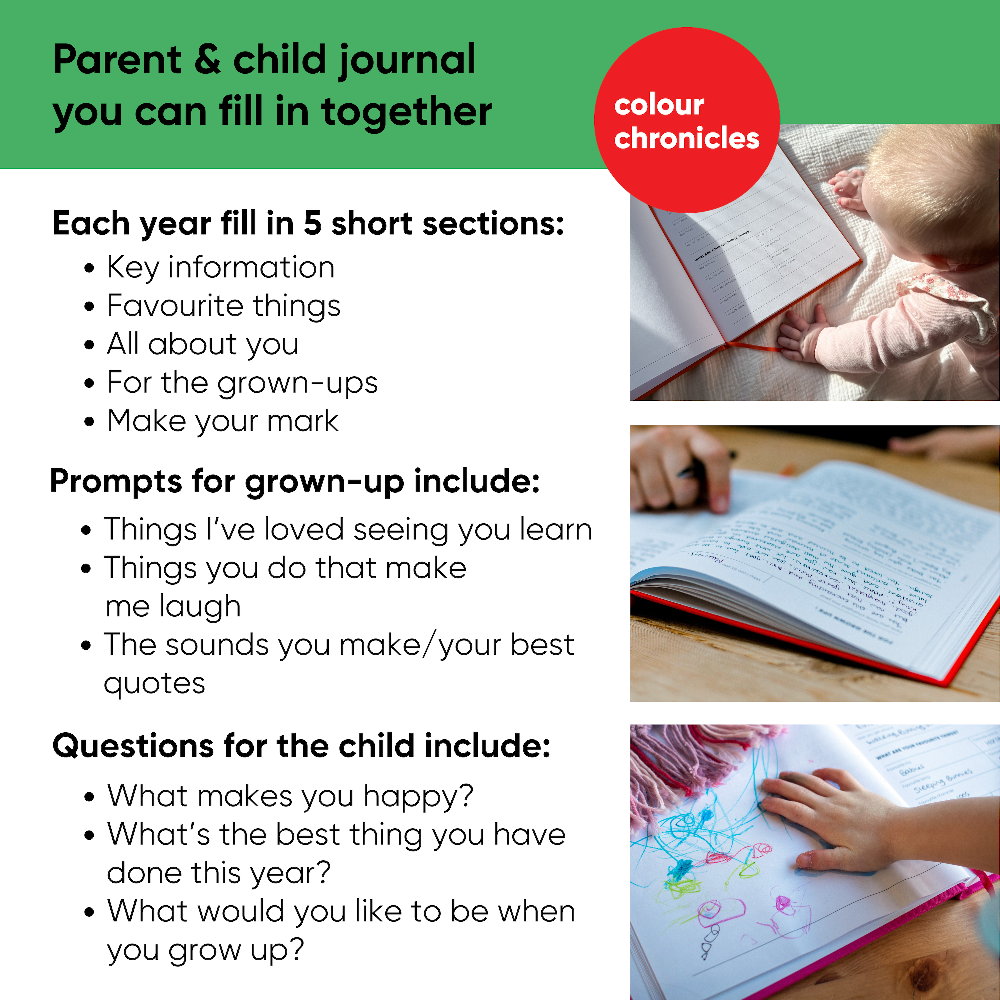 Parent and child journal with prompts for reflection and recording memories.