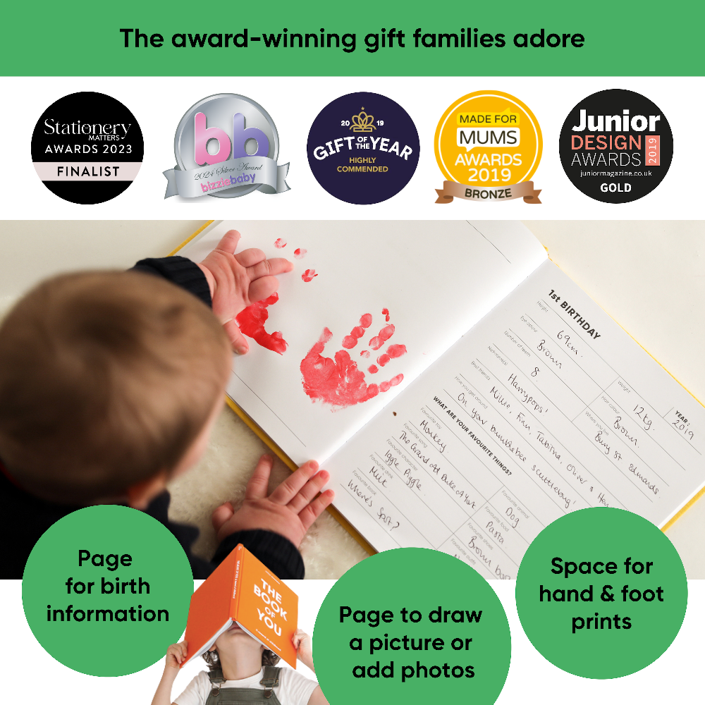 Child with red handprints on a book, surrounded by award logos and text about the product's features.
