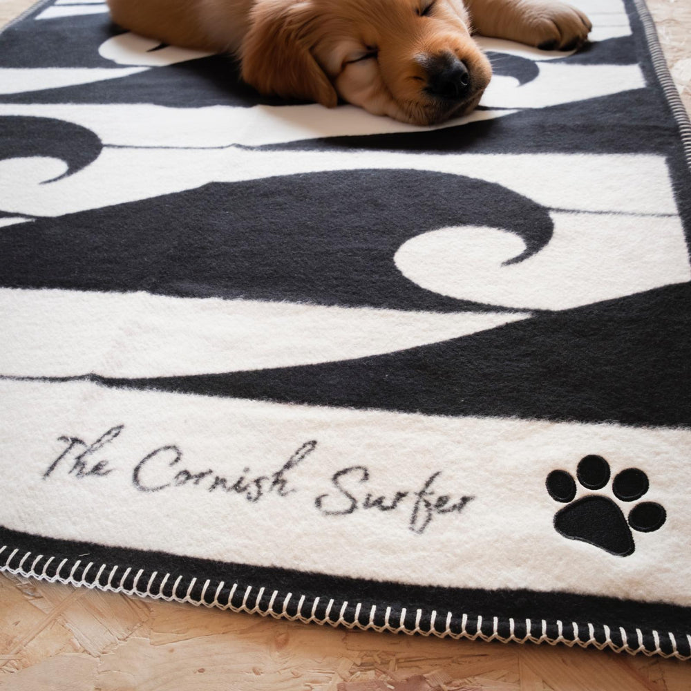 Dog lying on a black and white patterned rug with 'The Cornish Surfer' branding.