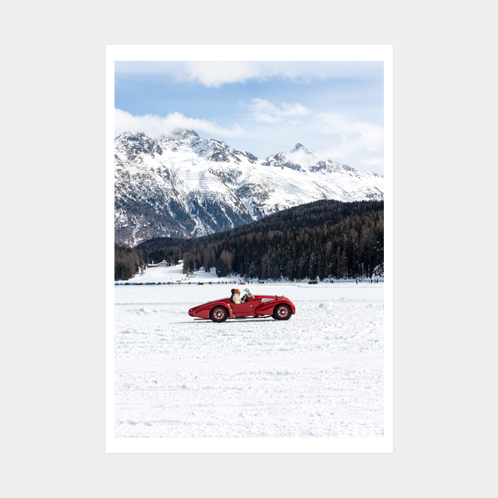 The Ice Race retro mountain art print by Powderhound inspired by St. Moritz with vintage car artwork