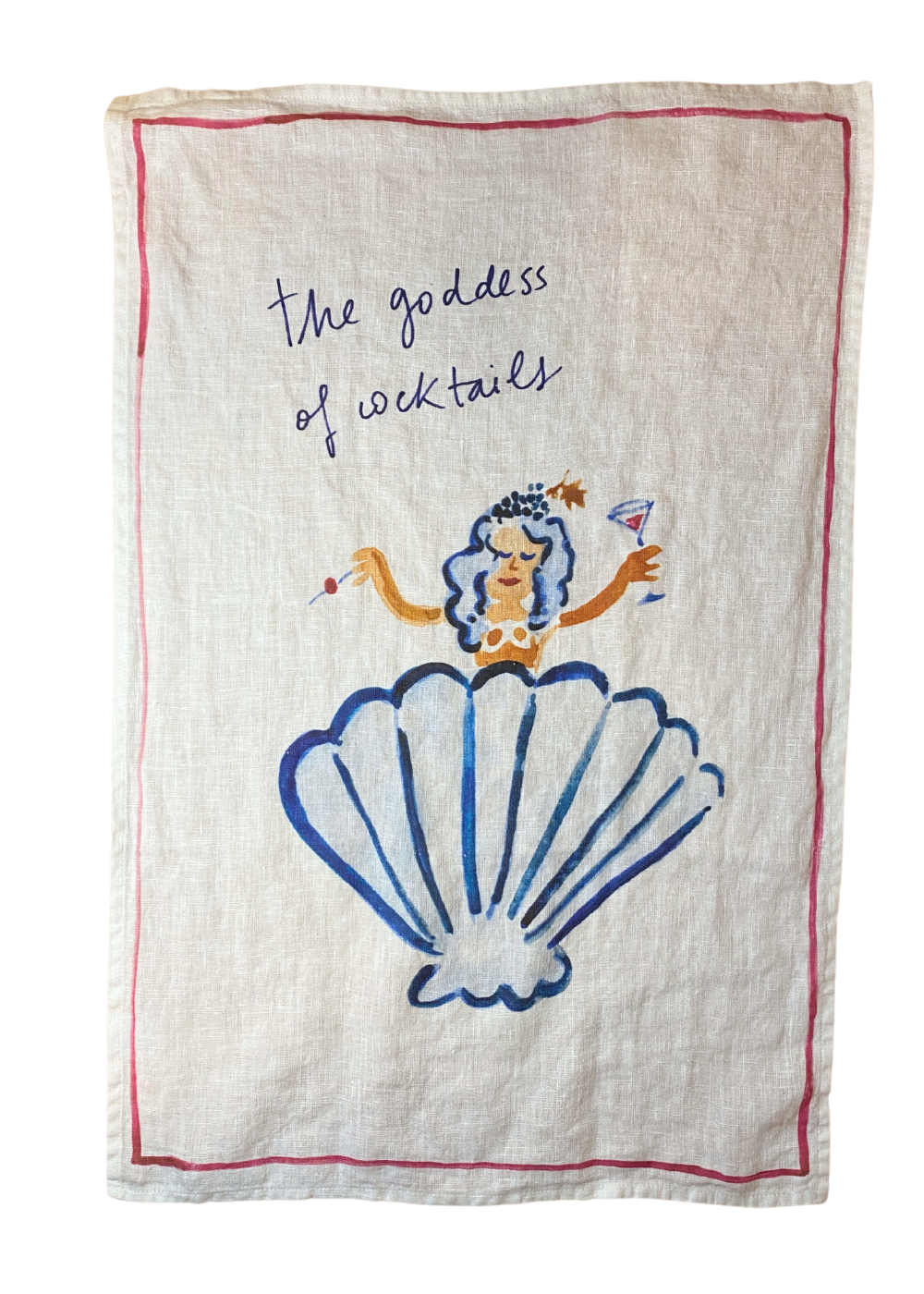 Tea towel with mermaid design and text 'The goddess of cocktails' on a white background