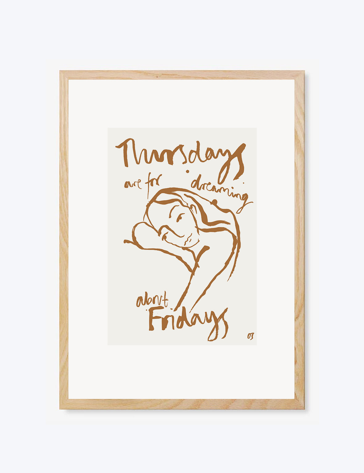 Framed artwork with a stylized illustration of a person sleeping and text on a white background