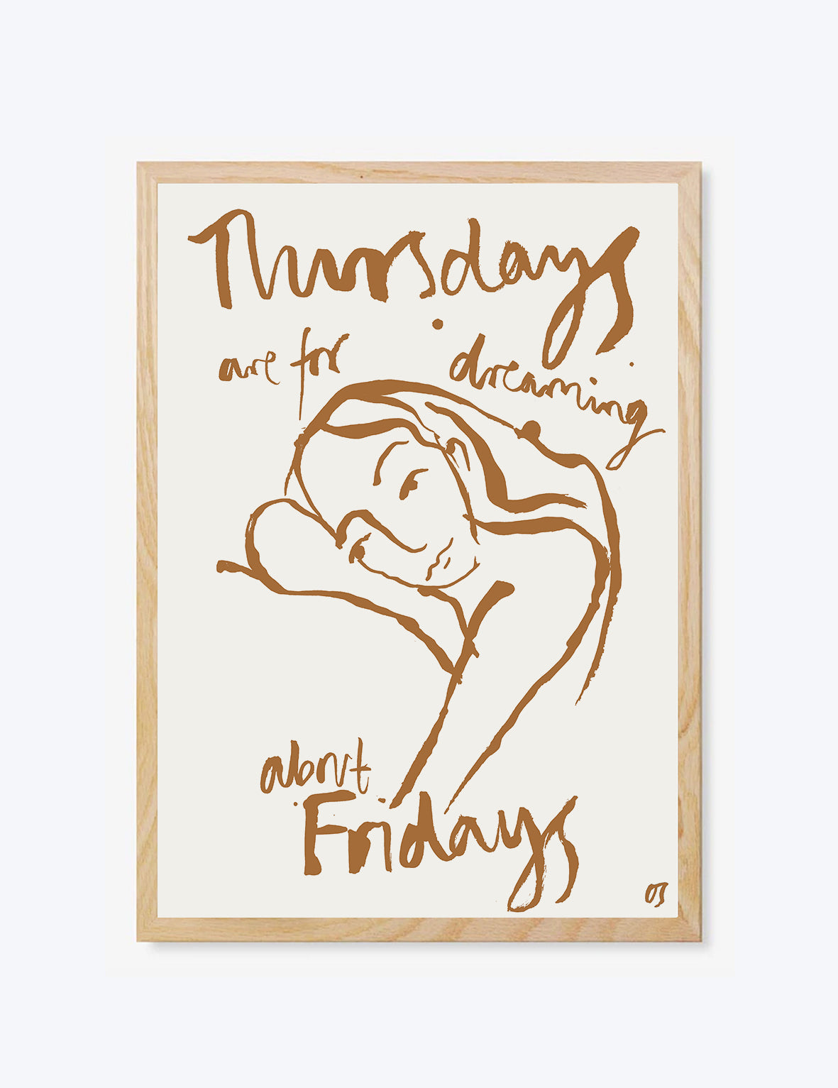 Framed artwork with a stylized illustration of a woman and text on a white background