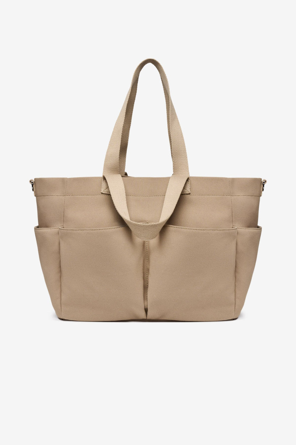 Beige tote bag with multiple compartments on a white background