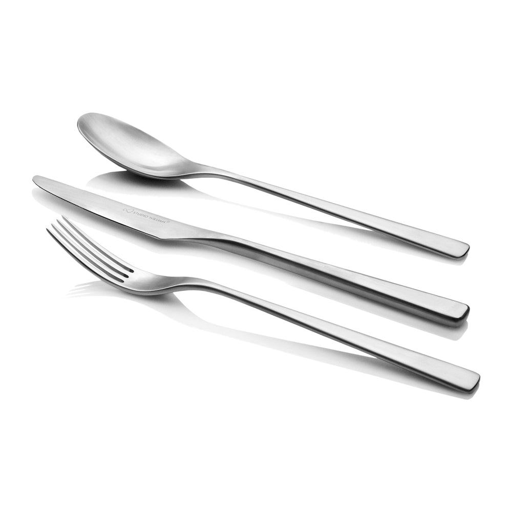 Set of silver cutlery including a fork, knife, and spoon on a white background